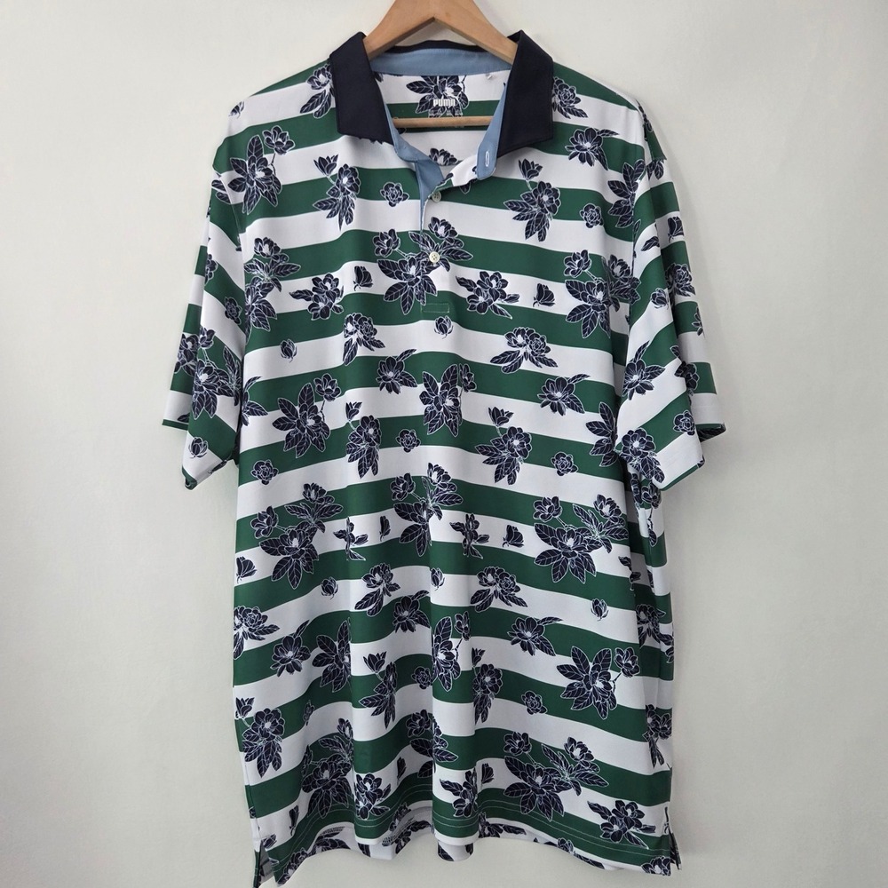Puma Polo Shirt Green Floral Striped Short Sleeve Golf Mens XXL